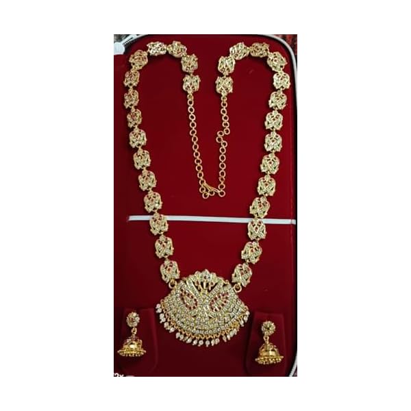 Impon Stone Jewellery Set - Long Haram - Jimikki - Pink and White Stone - 34 inch Long Haram length - Image 3