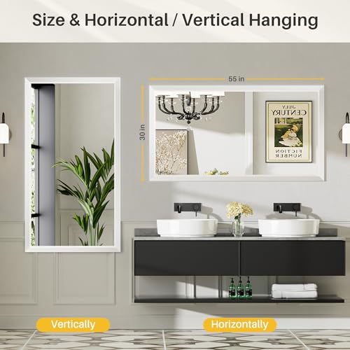 Image of 55x30 Inch White Bathroom Mirror for Wall, Thick Metal Framed Rectangle Mirrors for Over Sink, Bedroom, Living Room, Entryway, Anti-Rust, HD Tempered Glass