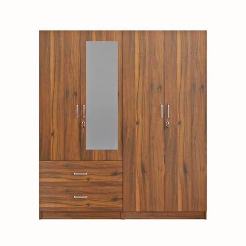Image of VIKI Wardrobe |Wooden Almirah for 4 Door 2 Drawer with Shelves & Hanging Space Mirror Wardrobe (Brussel Walnut - 40D x 160W x 180.8H)| 1 Year Warranty | Free Assembly
