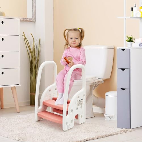 Toddler 3 Step Stool Kids Standing Tower for Bathroom Sink Kitchen Counter, Plastic Stepping Standing Stool Helper with Handles Sides for Toilet Potty Training, Lightweight Non-Slip