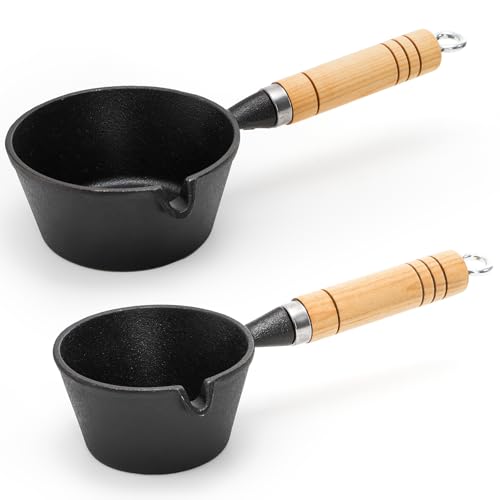 Hiceeden Set of 2 Nonstick Cast Iron Sauce Pan, Small Cast Iron Butter Melting Pot with Wood Handle, Mini Tadka Pan Basting Pot with Pour Spout for Heating Milk, Chocolate, Egg, Grilling, 11/15 oz