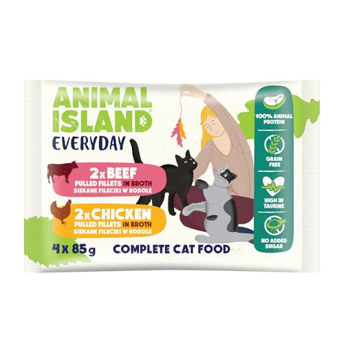 Animal Island Karma Mokra dla Kota Dorosłego Pełnoporcjowa Szarpane Fileciki w Rosole 2x Kurczak 2x Wołowina Mix Smaków Bez Zbóż Wszystkie Rasy, 4 x 85g Saszetka