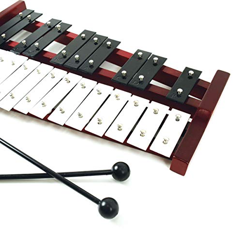 Professional Red Wooden Soprano Glockenspiel Xylophone with 25 Metal Keys for Adults and Kids - Includes 2 Plastic Beaters