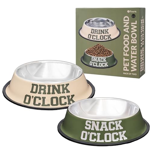 Fisura – Set 2 ciotole per cani in acciaio inox “O’clock”. Ciotola antiscivolo verde e beige per cibo 500 ml e acqua 1000 ml. Set ciotole per animali domestici comode e facili da lavare