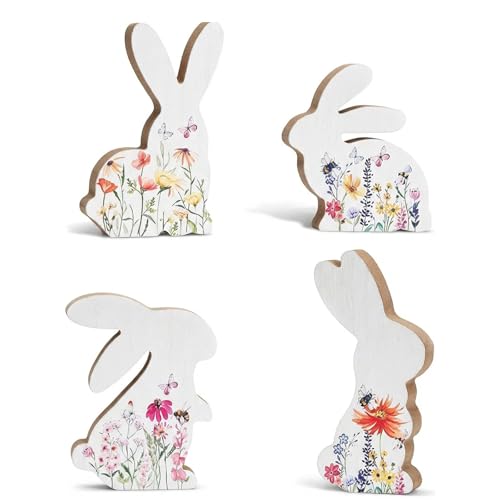 4 Stück Osterhase Dekoration, Weiße Osterdeko Holz, Frühlingsdeko Aufsteller, Osterhasen Figuren Set, Ostern Deko für Tisch, Garten, Party, Ostergeschenk, Frühlingsdeko, Erwachsene, Party