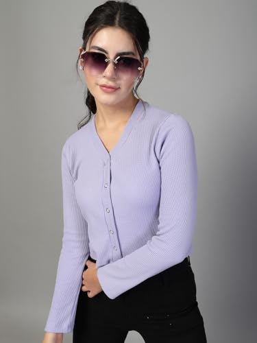 Image of Rigo Casual Wear V Neck Rib Knit Top for Women | Slim Fit Long Sleeves Western Tops for Women