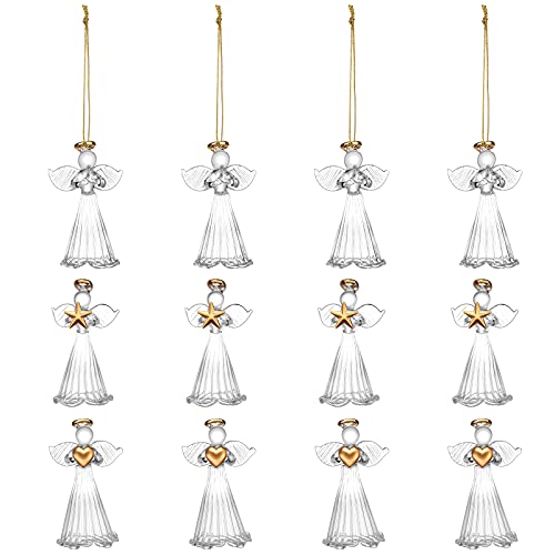 Clear Angel Ornaments Christmas Glass Angel Decoration Mini Hanging Angel Tree Ornaments Decorative Spun Angel Ornaments with Star Heart Praying Hand for Christmas Religious Holiday Decor (12 Pieces)
