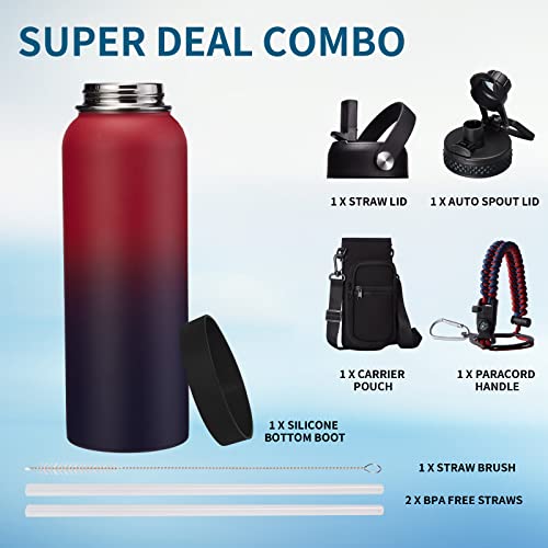 40 Oz Insulated Water Bottles With Straw Lid, Stainless Steel Water Bottle For Men Women, Wide Mouth Water Flask Sports Hydro Jug With Shoulder Carrier Bag, Paracord Handle, Straw & Spout Lids #TOP5