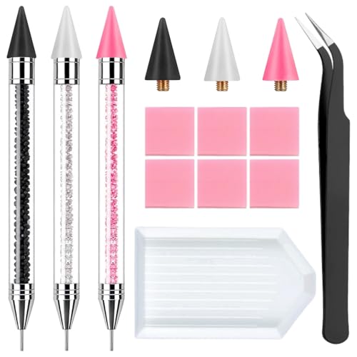 3 Pack Rhinestone Picker Tool Dotting Pen with 3 Wax Tips and Tray, Wax Pencil for Rhinestones, Gem Picker Pen Diamond Jewel Applicator, Rhinestone Tools Kit for Bedazzling DIY Nail Art