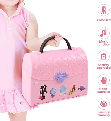 Image of 2-In-1 Light & Music Portable Pink Doll House Play Set With Carry Case And Doll Mini Doll House In A Stylish Handbag- Great Gift Dollhouse Set For Kids