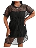 GORGLITTER Women's Plus Sheer Fishnet Mini Dress Mesh See Through Crew Neck Short Sleeve Loose Dresses Black 2XL