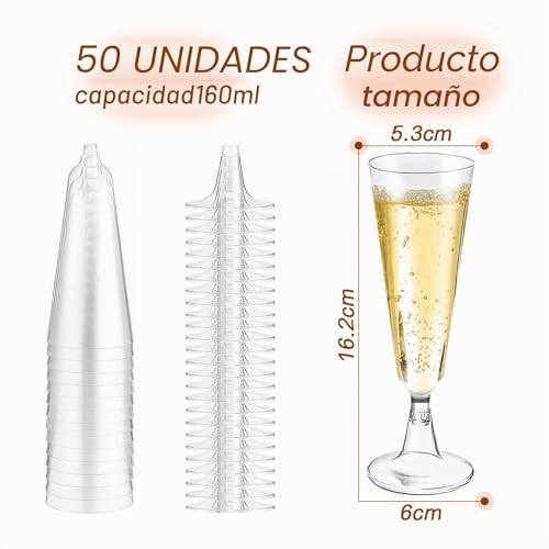 Miniatura 2 de Behiruch 50 Copas De Champán De Plástico, 160ml Copas De Cava Reutilizables, Vasos De Champagne Plastico Para Cócteles, Vino, Postres - Flautas De Champán Para Bodas, Fiestas