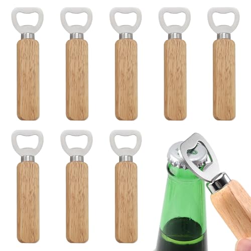8 Pezzi Apribottiglie Legno, Apribottiglie Manico Faggio Birra con Manico in Legno, Cavatappi in Acciaio Inossidabile Portatili per Casa Bar Feste, Accessori per Cucina, Ristorante, Bevande e Regali