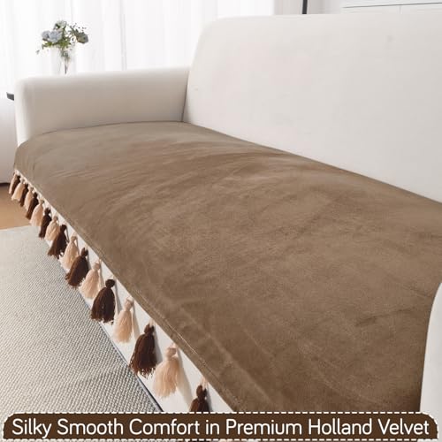 Image of HOKIPO 6 Seater Sofa Cover Mat with Tassel in 3+2+1 Configuration | Dyed Holland Velvet Fabric | 'TasselTone Series' | Warm Taupe (IN-1108+1106+1104-BRN)