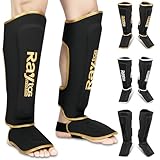 Raytos Muay Thai Shin Guards - MMA Kickboxing Leg Instep Protective Pads, Martial Art Sparring Gear for BJJ Karate Boxing Taekwondo Training, Men Adults Kids Children (Black&Gold, L)