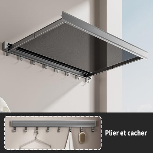 Qiundar Wäschetrockner ausziehbar Wand Wäscheständer klappbar,Multifunktionaler Mesh-Organizer mit 8 Haken,wandmontiert Wäscheständer No-Punch Badezimmer-Organizer Grau 60cm