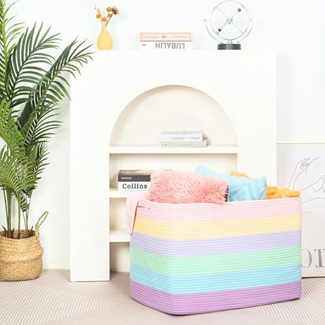 MINTWOOD Design 112L Extra Large Blanket Basket Holder Living Room, 25x17x16 Rectangle Rope Woven Storage Basket with Handles for Laundry, Towels, Shoes, Dog Toy Organizer Bin Box, Pastel Rainbow