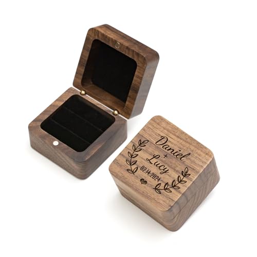 Custom Wedding Ring Box for 2 Rings, Personalized Wooden Ring Box Wedding Day, Engraved Handmade Wood Ring Boxes, Customized Retreo Ring Holder Box Engagement Gift (Black Inner 2 Slot)