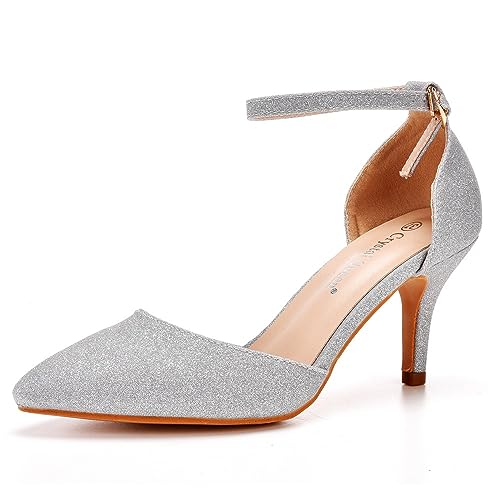 bbruriy Scarpe da Sposa con Tacchi a Gattino da Donna con Cinturino alla Caviglia Décolleté con Tacco Alto Scarpe da Lavoro da Cerimonia Nuziale da Sposa,Argento,38