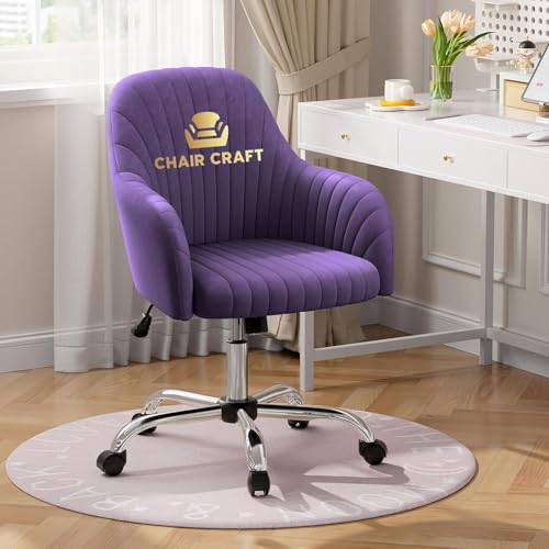 Image of Velvet Desk Chair for Home Office, Adjustable Swivel Task Chair Modern Computer Vanity Chairs with Arm Rest for Bedroom Living Room Make-up Room (Purple)
