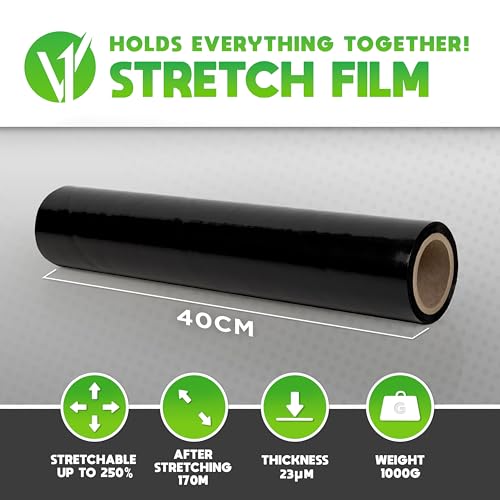 V1 Trade 2x Stretchfolie Schwarz - Folie für Möbel - Hand Umzugfolie 170m x 40 cm - Stretchfolienrolle Schwarzfolie 23my - Verpackungsfolie auf Rolle - Wickelfolie - Umzugsfolie Dehnung 250%