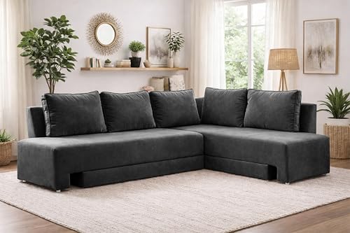 Image of Rosebell L-Shape 5 Seater Sofa Cum Bed, Sectional Couch with Cushions, Space Saving Corner Sofa, Modern Foldable Seating & Sleeping Solution for Living Room, Guest Room & Small Spaces - Black Color