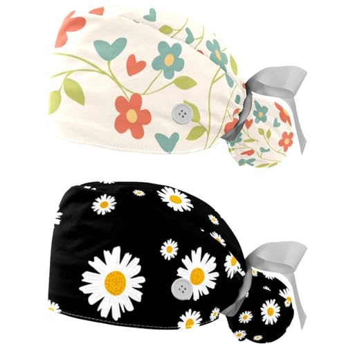 Nursing Surgical Caps with Button, Floral Style