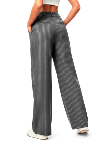 Mlenhor Women's High Waisted Pinstripe Wide Leg Pants, Flowy & Stretchy Dress Pants, Casual Work Trousers with Pockets (US, Alpha, Large, Regular, Regular, Dark Gray) — view 2