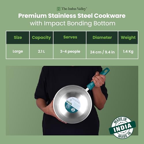 Image of The Indus Valley Stainless Steel Impact Bonded Fry Pan 24cm / 2.1 litres | 3-Layer Thick Bottom | Induction-Friendly Cookware | Heat-Resistant Handle | Toxin-Free | No Chemical Coating