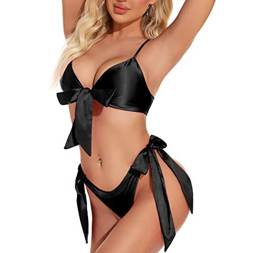 RSLOVE Women Sexy Lingerie Set Satin Bow Tie 2 Piece Bra and Panty Sets Small Black