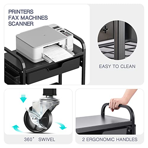 Toolf 2 Tier Under Desk Mobile Printer Stand, Rolling Printer Cart With Storage Bag Drawer Desktop Organizer Utility Cart For Home Office Multi Purpose Fax Shelf With Caster Wheel - Black #TOP3