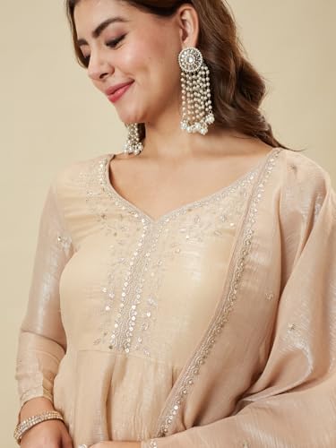 Image of MOKOSH Women's Silk Embroidery Peplum Kurta Sharara with Dupatta | Anarkali Kurta Set | Sweetheart Neck Full Sleeve Ethnic Suit | 3 Piece Outfit | Indian Kurta Outfit With Sharara
