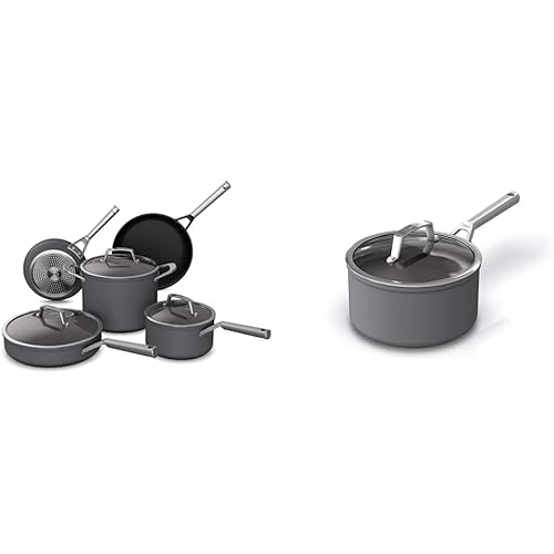 Ninja C38000 Foodi NeverStick Premium 8-Piece Cookware Set, Slate Grey & C30235 Foodi NeverStick Premium 3.5-Quart Saucepan with Glass Lid, Hard-Anodized, Slate Grey