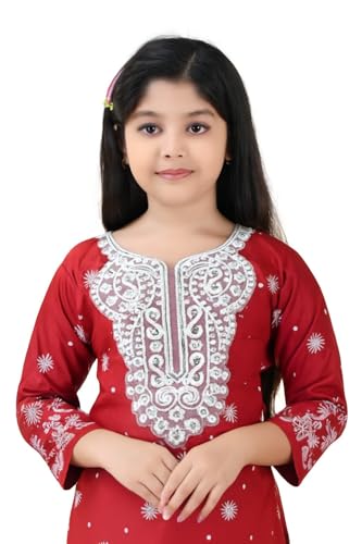 Image of Girls Traditional Rayon Salwar Suit Set with White Embroidery, 3-Piece Ethnic Wear with Lace Detail and Floral Pattern