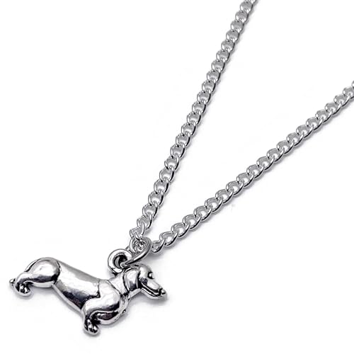Image of Dachshund Necklace, Cute Silver Tone Dog Charm Pendant on 16 Inch Silver Plated Curb Chain, Gift Idea for Sausage Dog Lovers, Pet Owner Gift