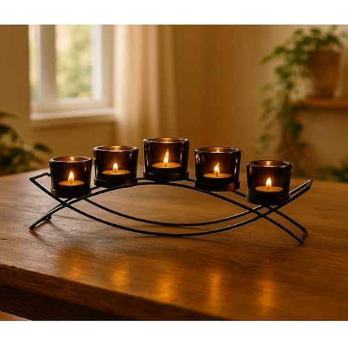 Seraphic Iron Arch Table Centerpiece Decorations Tealight Votive Candle Holder for Weddings, Patio, Kitchen, Dining Room, and Coffee Tables, Black, Black Chunky 5 Cups