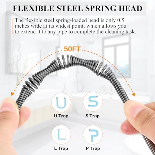 Feeloco 50 FT Plumbing Snake with Auto-Feed - Heavy Duty Drain Auger for Toilet/Sink/Shower/Bathtub Clogs, Drill-Compatible Sewer Snake Tool & Flexible Steel Cable - Snake Drain Hair Remover Tool by Feeloco - Image 7