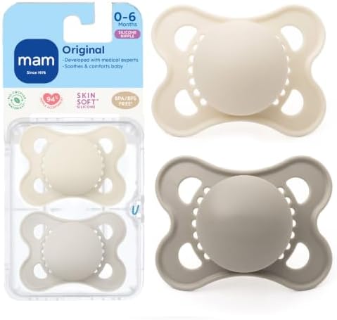 MAM Original Baby Pacifier 0-6 Mths, Skin Soft Silicone Nipple, 2 Pack
