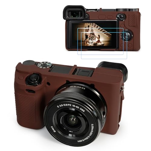 TYUANDOUER A6400 A6300 Camera Case & LCD Screen Protector Accessories Kit, Soft Silicone Case for Sony Alpha A6400 A6300 Digital Camera, Body Cover with Grip - Dark Brown