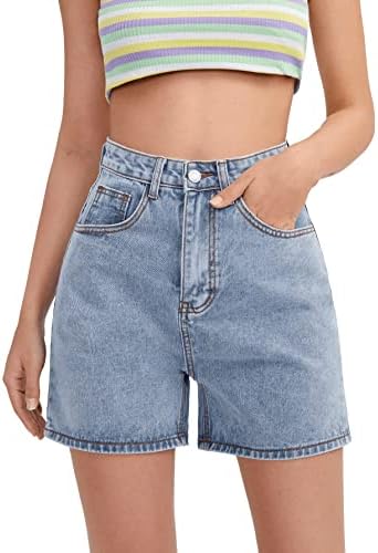 SweatyRocks Women's High Waist Straight Leg Denim Shorts Solid Jean Shorts Summer Hot Pants with Pockets Light Wash M