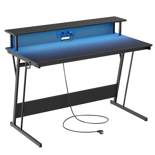 VASAGLE Scrivania da Gaming con Luci LED e Prese di Corrente, Scrivania da Computer, Supporto per Monitor, Tavolo per 2 Monitor, Ufficio, Camera da Letto, 60 x 120 x 76 cm, Nero Carbone LWD192B02