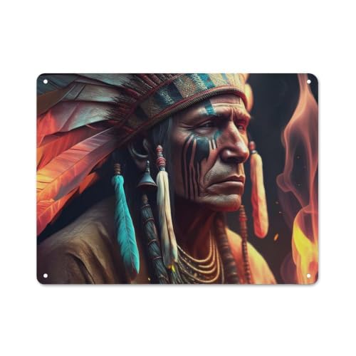 Image of Casual Native American Chief Portrait Shed Metal Sign 30x40cm, Shed Wall Decor for Greenhouse, Garden Room, Cafe Or Entryway