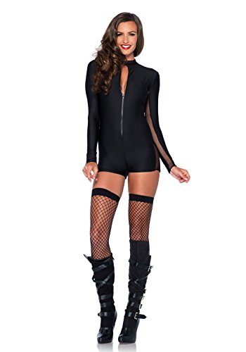 Leg Avenue Women's Zipper Front Romper with Sleeve and Side Sheer Panel
