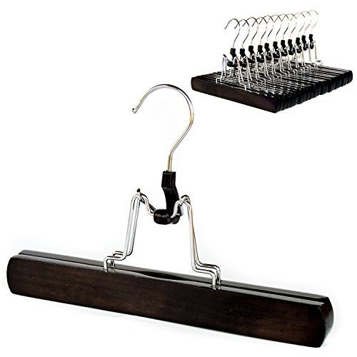 Clutter Mate - Set of 12 - Wood Pant Hangers with Locking Bar, Premium Dark Walnut Finish for Pants and Slacks