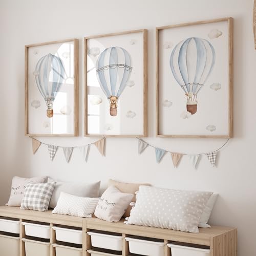 Image of Rose Rowan Design Set of 3 Hot Air Balloon Prints for Nursery, Bedroom,Playroom - Gender Neutral Decor for Babies Room - Pastel Colours - Bunny, Goose, Bears (Bunny Goose Bear-Blue, A3)