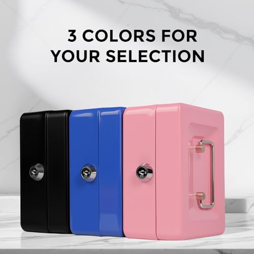 Image of Small Cash Box with Money Tray and Lock, Metal Cash Lock Box with Key, Petty Cash Box for Money 5.9 x 4.7 x 3.1 Inches Blue
