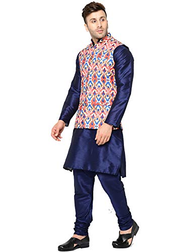 Image of SAIFOO Men's Silk Navy Blue Kurta Pyjama & Printed Nehru Jacket