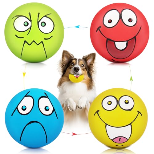 HDSX Quietschendes Hundespielzeug mit Smiley-Gesicht, weich, Latex, Gummi, Quietschspielzeug für kleine und mittelgroße Welpen, 4 Stück (Emoji)
