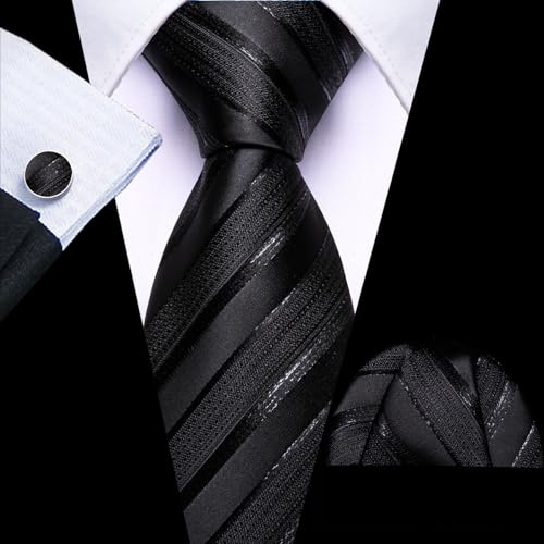 Image of Barry.Wang Tie Sets for Men Silk Stripe Necktie Woven Checkered Handkerchief Cufflinks Formal Business Wedding