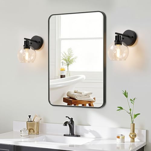 Image of Indoi Matte Black Wall Sconces Set of 2, Clear Glass Vanity Light Fixtures with E26 Base, Reversible Up or Down Wall Lights for Living Room, Bathroom, Bedroom, Hallway, Kitchen
